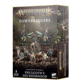 Boxed Warhammer miniature set with a dark, rocky scene of armored, grotesque figures and winged riders in muted green, pink and bronze tones. The front reads “WARHAMMER AGE OF SIGMAR,” “DAWNBRINGERS” and “PHULGOTH’S SHUDDERHOOD”; artwork continues on the right side.