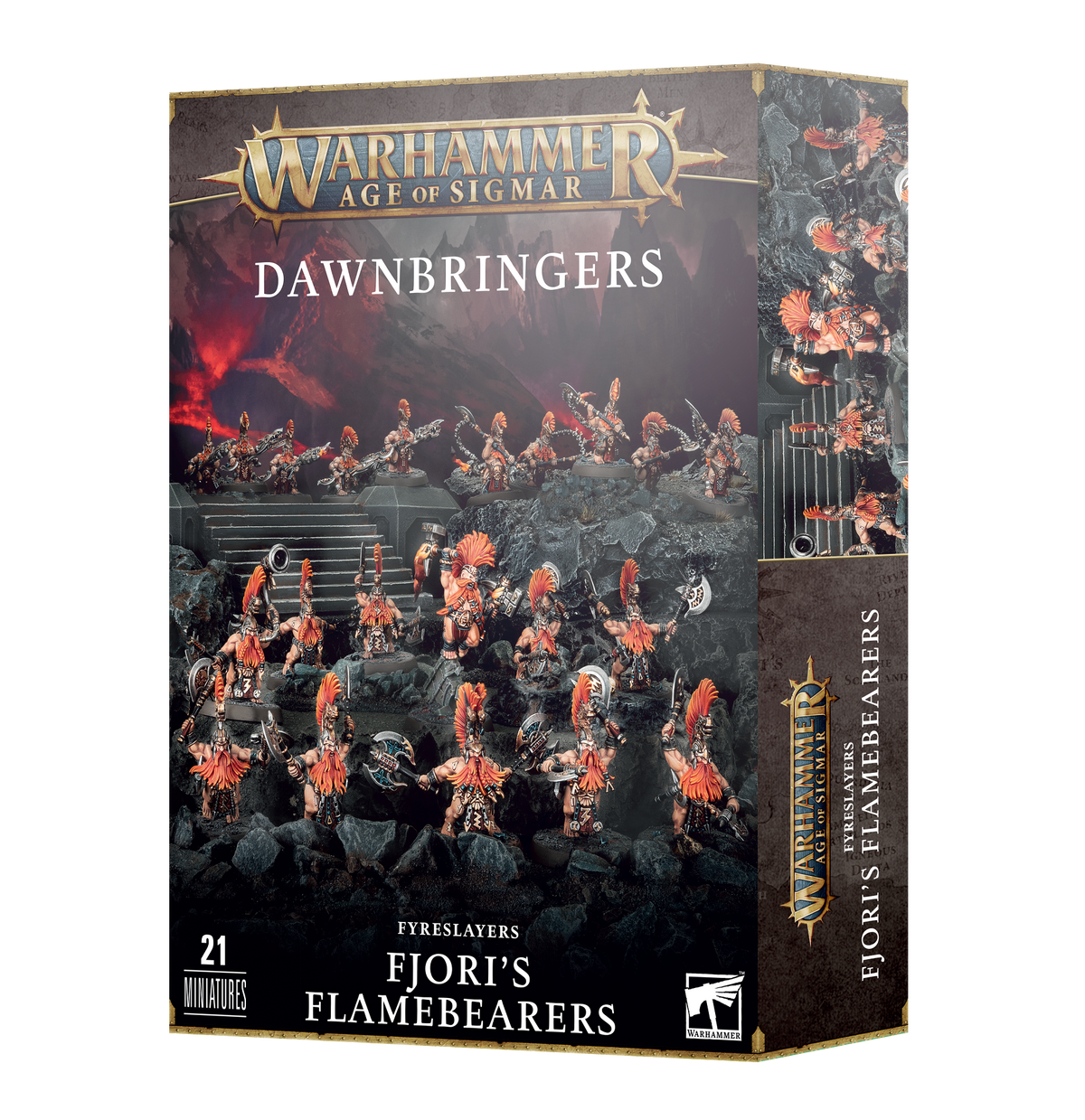 A Warhammer Age of Sigmar Dawnbringers box shows rows of armored Fyreslayer miniatures with bright orange crests and beards against a dark rocky backdrop; the narrow side panel shows more figures. Text reads “DAWNBRINGERS,” “FJORI’S FLAMEBEARERS” and “21 MINIATURES.”