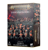 A Warhammer Age of Sigmar Dawnbringers box shows rows of armored Fyreslayer miniatures with bright orange crests and beards against a dark rocky backdrop; the narrow side panel shows more figures. Text reads “DAWNBRINGERS,” “FJORI’S FLAMEBEARERS” and “21 MINIATURES.”