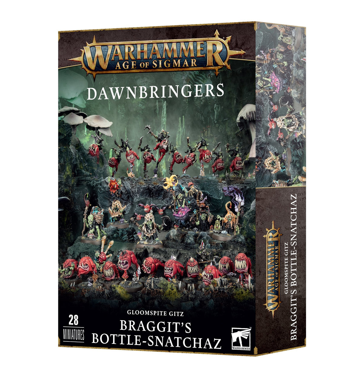 Box for a Warhammer Age of Sigmar miniature set, shown from the front and right side, with artwork of green goblins, red squigs and other creatures in a dark rocky scene. The front reads “DAWNBRINGERS,” “GLOOMSPITE GITZ,” “BRAGGIT’S BOTTLE-SNATCHAZ” and “28 MINIATURES.”