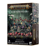 Box for a Warhammer Age of Sigmar miniature set, shown from the front and right side, with artwork of green goblins, red squigs and other creatures in a dark rocky scene. The front reads “DAWNBRINGERS,” “GLOOMSPITE GITZ,” “BRAGGIT’S BOTTLE-SNATCHAZ” and “28 MINIATURES.”