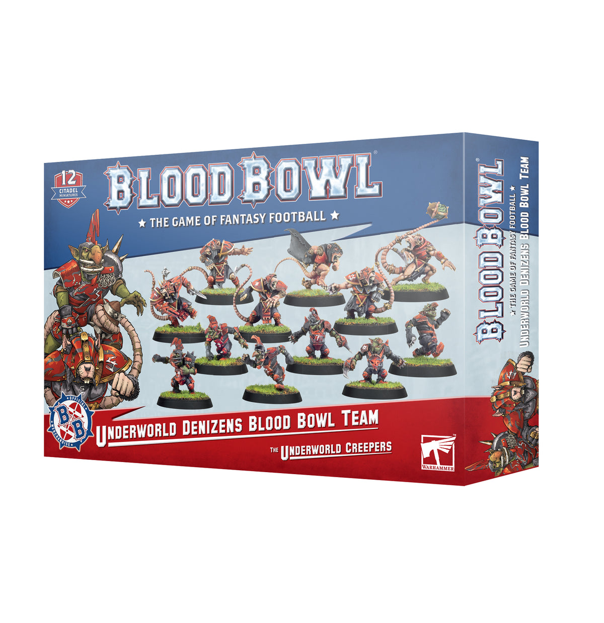 Box for a Blood Bowl miniature team, shown from the front and right side, with artwork of fantasy rat-like and goblin players on round bases. The blue and red box reads “BLOOD BOWL” and “UNDERWORLD DENIZENS BLOOD BOWL TEAM.”