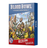 Angled blue Blood Bowl game box with colorful fantasy football players colliding in a crowded street scene. The front reads “BLOOD BOWL” and “GUTTER BOWL” on a red lower band; the side also reads “GUTTER BOWL.”