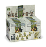 A display carton holds rows of pale gray-green Space Marine Heroes blind boxes with green and orange bands and armored miniature artwork. The header shows seven character designs, and the front reads “SPACE MARINE HEROES” and “BLIND BUY 7 TO COLLECT!”