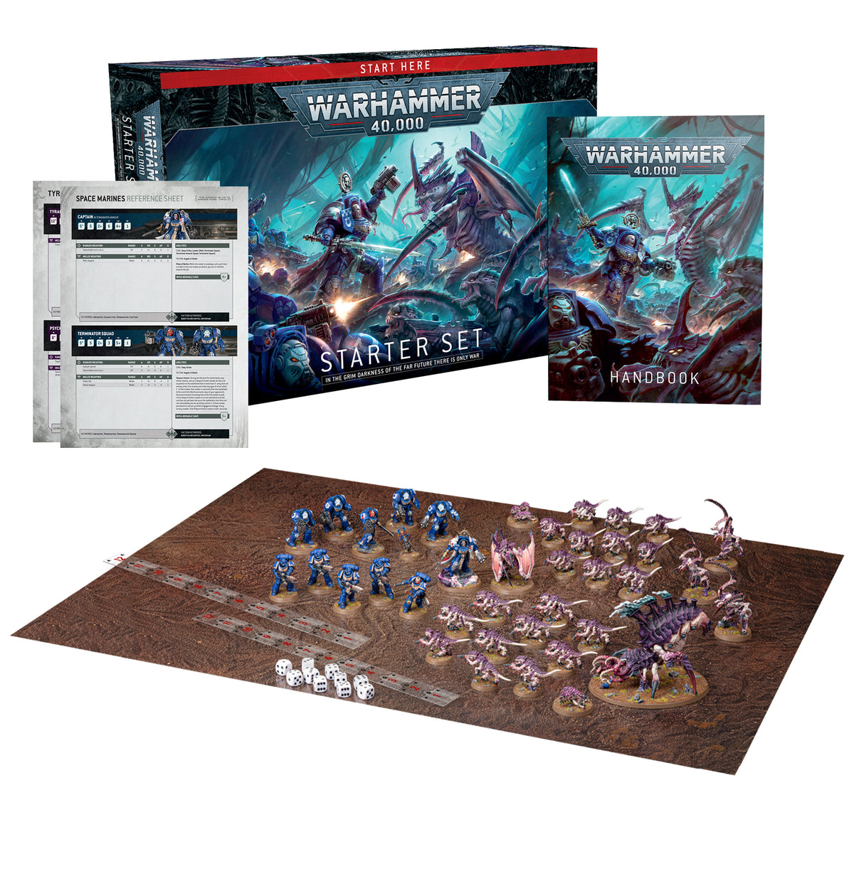Warhammer 40,000 Starter Set contents arranged on white: an illustrated box and handbook, reference sheets, and blue armored figures facing purple and tan alien miniatures on a brown play mat with dice and a ruler. The box reads “WARHAMMER 40,000” and “STARTER SET.”