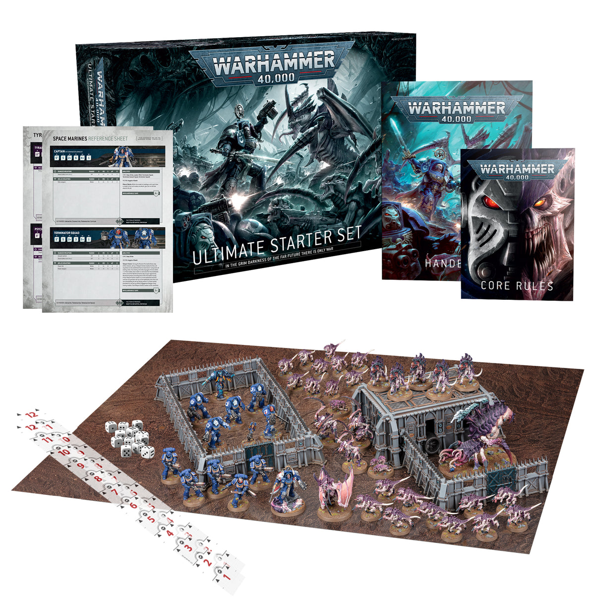 Warhammer 40,000 Ultimate Starter Set displayed with a box, rulebooks and reference sheets above blue armored Space Marine and pink-purple Tyranid miniatures arranged around gray terrain on a brown play mat, with dice and measuring rulers. The box reads “ULTIMATE STARTER SET.”