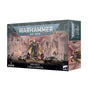 Dark teal Warhammer 40,000 miniature box showing an armored warrior with a sword and shield amid ruined buildings; the right side repeats the character artwork. Front text reads “WARHAMMER 40,000,” “DARK ANGELS” and “LION EL’JONSON.”