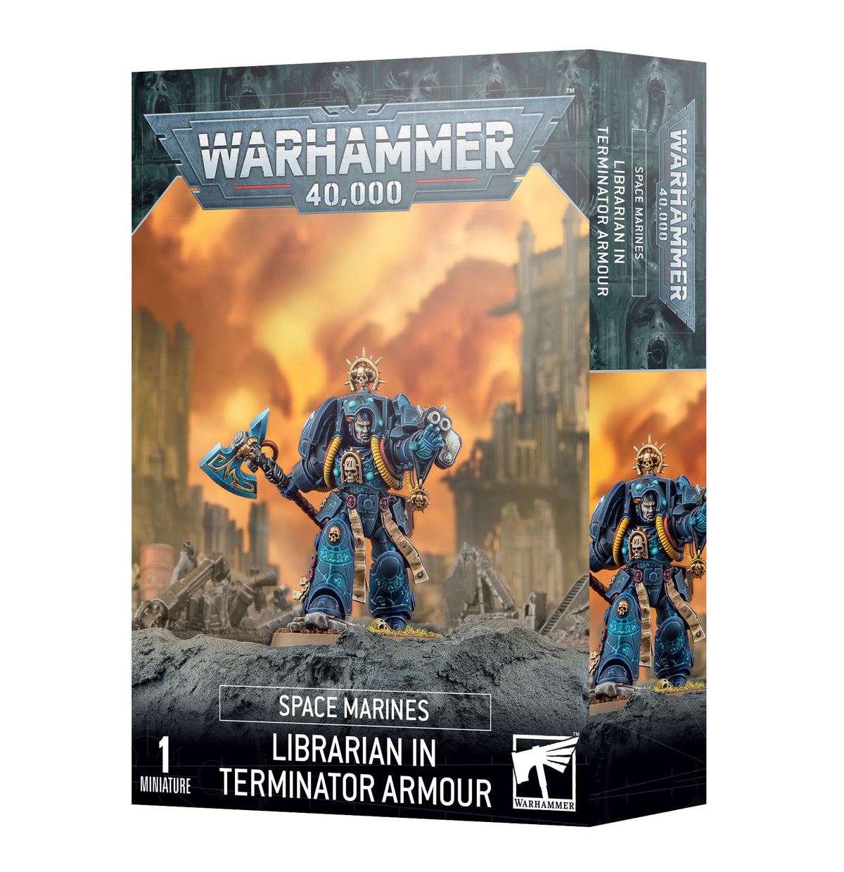 Box for a Space Marines Librarian in Terminator Armour miniature, shown from the front and right side. The artwork features a blue-and-gold armored figure with an axe against a fiery ruined city; the front reads “WARHAMMER 40,000” and “LIBRARIAN IN TERMINATOR ARMOUR.”