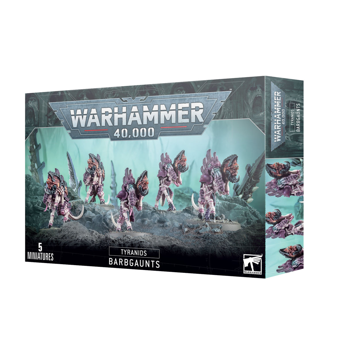 A Warhammer 40,000 Tyranids: Barbgaunts miniature set box, with five purple and pink alien creatures posed on rocky terrain across the front and additional creature views on the side. The box reads “WARHAMMER 40,000,” “TYRANIDS,” “BARBGAUNTS” and “5 MINIATURES.”
