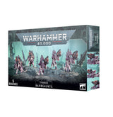 A Warhammer 40,000 Tyranids: Barbgaunts miniature set box, with five purple and pink alien creatures posed on rocky terrain across the front and additional creature views on the side. The box reads “WARHAMMER 40,000,” “TYRANIDS,” “BARBGAUNTS” and “5 MINIATURES.”