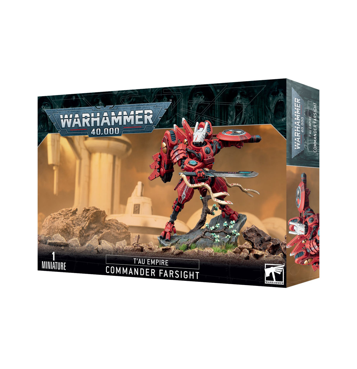 Warhammer 40,000 Commander Farsight miniature box, shown from the front and right side. The front depicts a red armored sci-fi figure holding a blade on rocky ground; the box reads “WARHAMMER 40,000” and “T’AU EMPIRE COMMANDER FARSIGHT.”