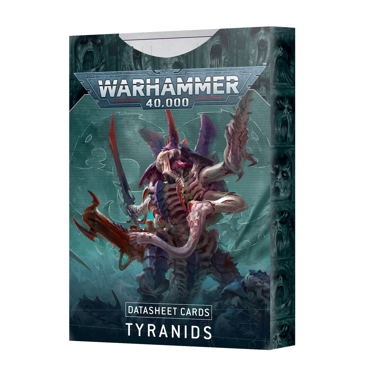 Box of Warhammer 40,000 Tyranids Datasheet Cards, shown upright with dark teal artwork of a multi-limbed, armored alien creature wielding bladed appendages. The front reads “WARHAMMER 40,000,” “DATASHEET CARDS” and “TYRANIDS.”