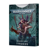 Box of Warhammer 40,000 Tyranids Datasheet Cards, shown upright with dark teal artwork of a multi-limbed, armored alien creature wielding bladed appendages. The front reads “WARHAMMER 40,000,” “DATASHEET CARDS” and “TYRANIDS.”