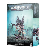 Warhammer 40,000 Tyranids Norn Emissary miniature box, shown from the front and right side. The artwork features a towering purple and ivory alien creature with bladed limbs on a rocky base; the front reads “WARHAMMER 40,000” and “NORN EMISSARY.”