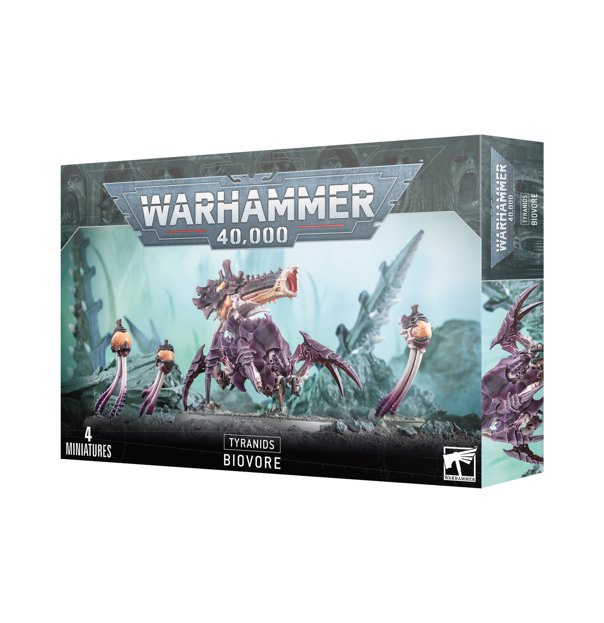 Warhammer 40,000 Tyranids: Biovore miniature box shown from the front and right side. The artwork shows a purple, spiked alien creature with several smaller spore-like figures; the box reads “WARHAMMER 40,000,” “BIOVORE,” and “4 MINIATURES.”