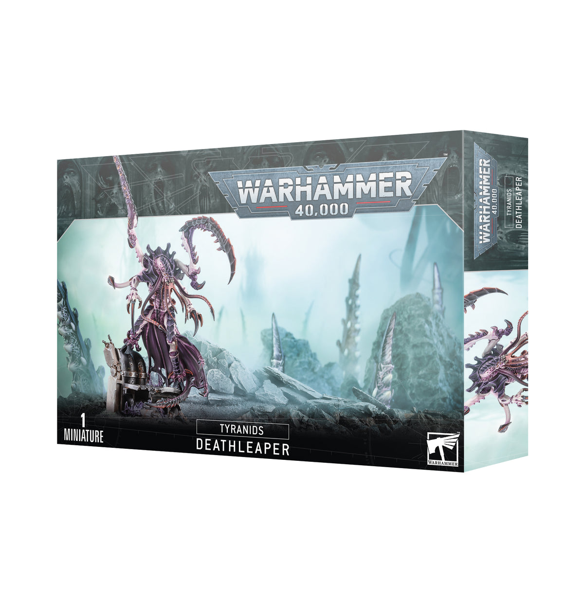 Warhammer 40,000: Tyranids Deathleaper miniature box shown from the front and right side. The packaging features a purple, many-limbed alien figure against a pale icy landscape and reads “WARHAMMER 40,000,” “TYRANIDS,” “DEATHLEAPER,” and “1 MINIATURE.”