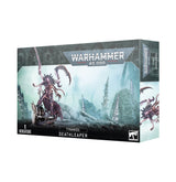 Warhammer 40,000: Tyranids Deathleaper miniature box shown from the front and right side. The packaging features a purple, many-limbed alien figure against a pale icy landscape and reads “WARHAMMER 40,000,” “TYRANIDS,” “DEATHLEAPER,” and “1 MINIATURE.”