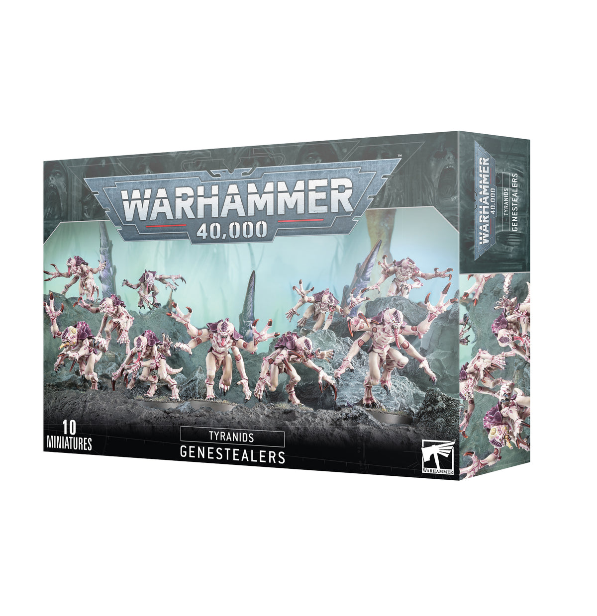 Box of Tyranids: Genestealers miniatures shown from the front and right side, with pale pink, clawed alien creatures across a blue-gray scene. The front reads “WARHAMMER 40,000,” “TYRANIDS,” “GENESTEALERS” and “10 MINIATURES.”