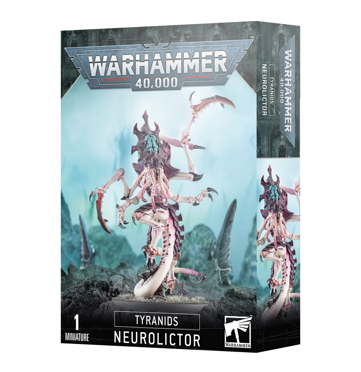 Box for one Tyranids Neurolictor miniature, showing a pale pink and ivory, many-limbed alien with dark purple armor and turquoise markings against a rocky blue scene; the narrow side panel repeats the creature. The front reads “WARHAMMER 40,000” and “TYRANIDS NEUROLICTOR.”