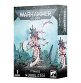 Box for one Tyranids Neurolictor miniature, showing a pale pink and ivory, many-limbed alien with dark purple armor and turquoise markings against a rocky blue scene; the narrow side panel repeats the creature. The front reads “WARHAMMER 40,000” and “TYRANIDS NEUROLICTOR.”