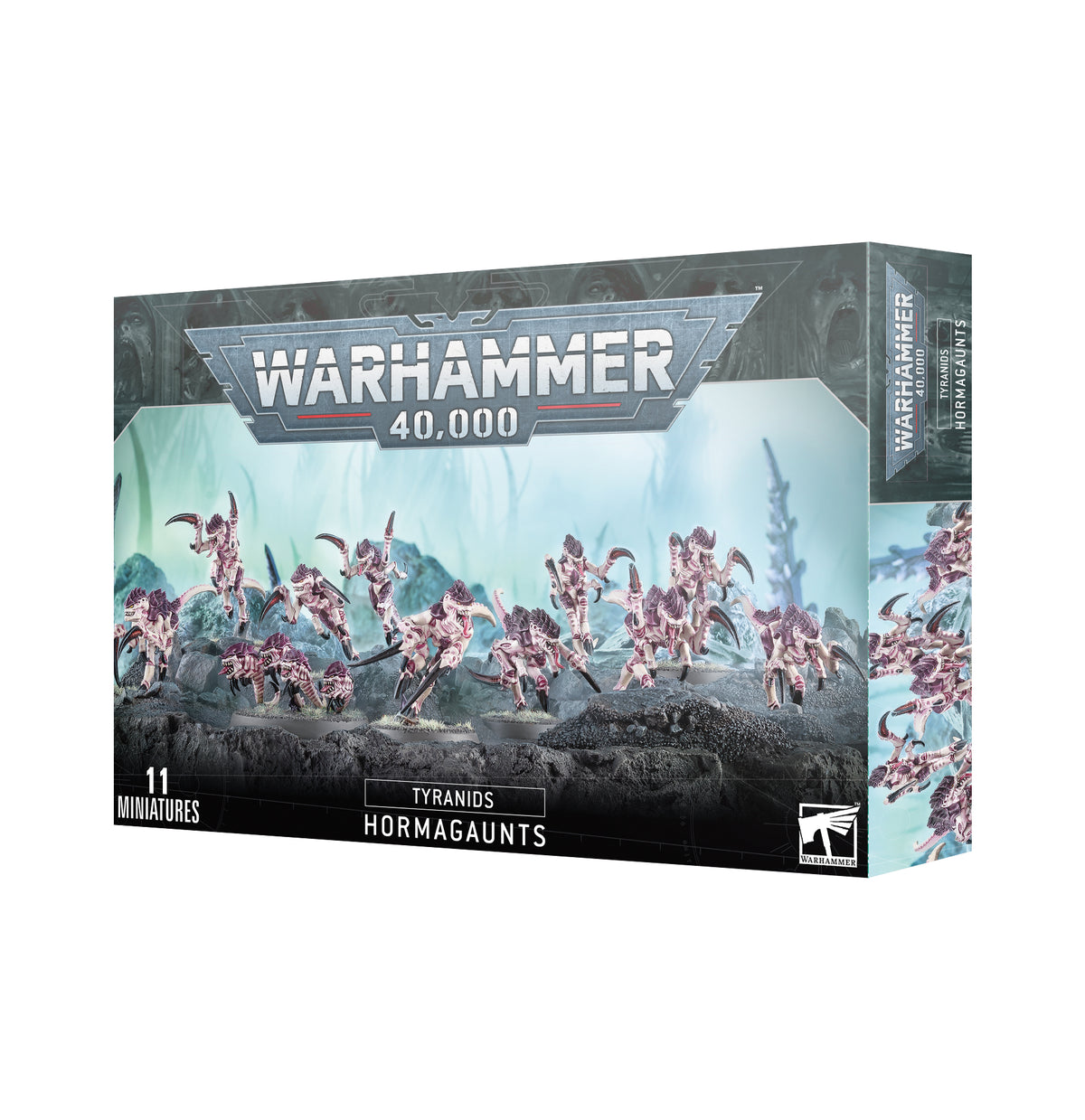 A dark gray Warhammer 40,000 miniatures box shown from the front and right side, illustrated with pale pink, clawed alien creatures charging across a blue-gray landscape. The front reads “WARHAMMER 40,000,” “TYRANIDS,” “HORMAGAUNTS,” and “11 MINIATURES.”