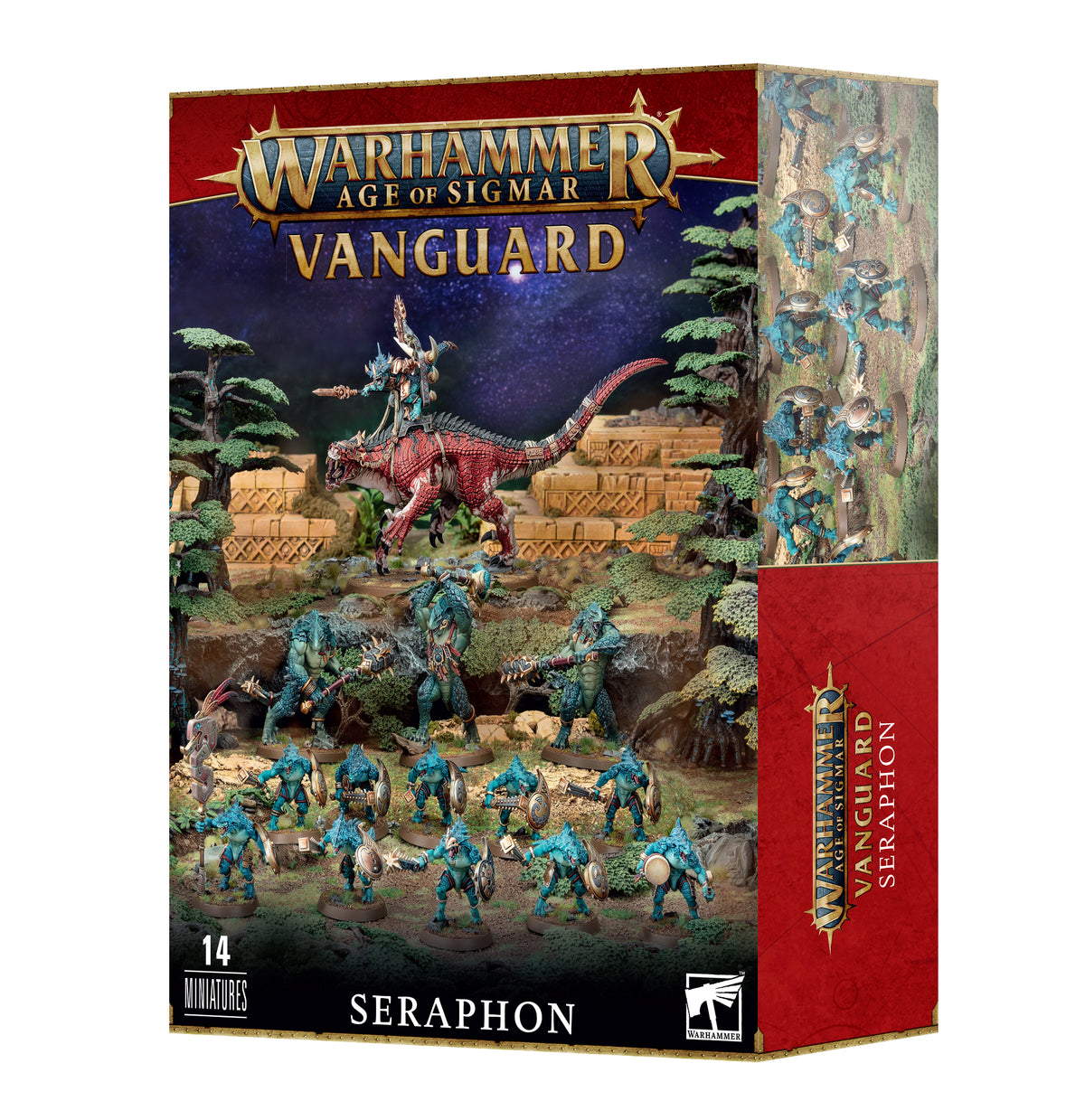 Vanguard: Seraphon miniature set box, with colorful artwork of teal reptilian warriors and a rider on a large red dinosaur amid jungle ruins; the narrow side panel shows more figures. Text reads “WARHAMMER AGE OF SIGMAR,” “VANGUARD,” and “SERAPHON.”