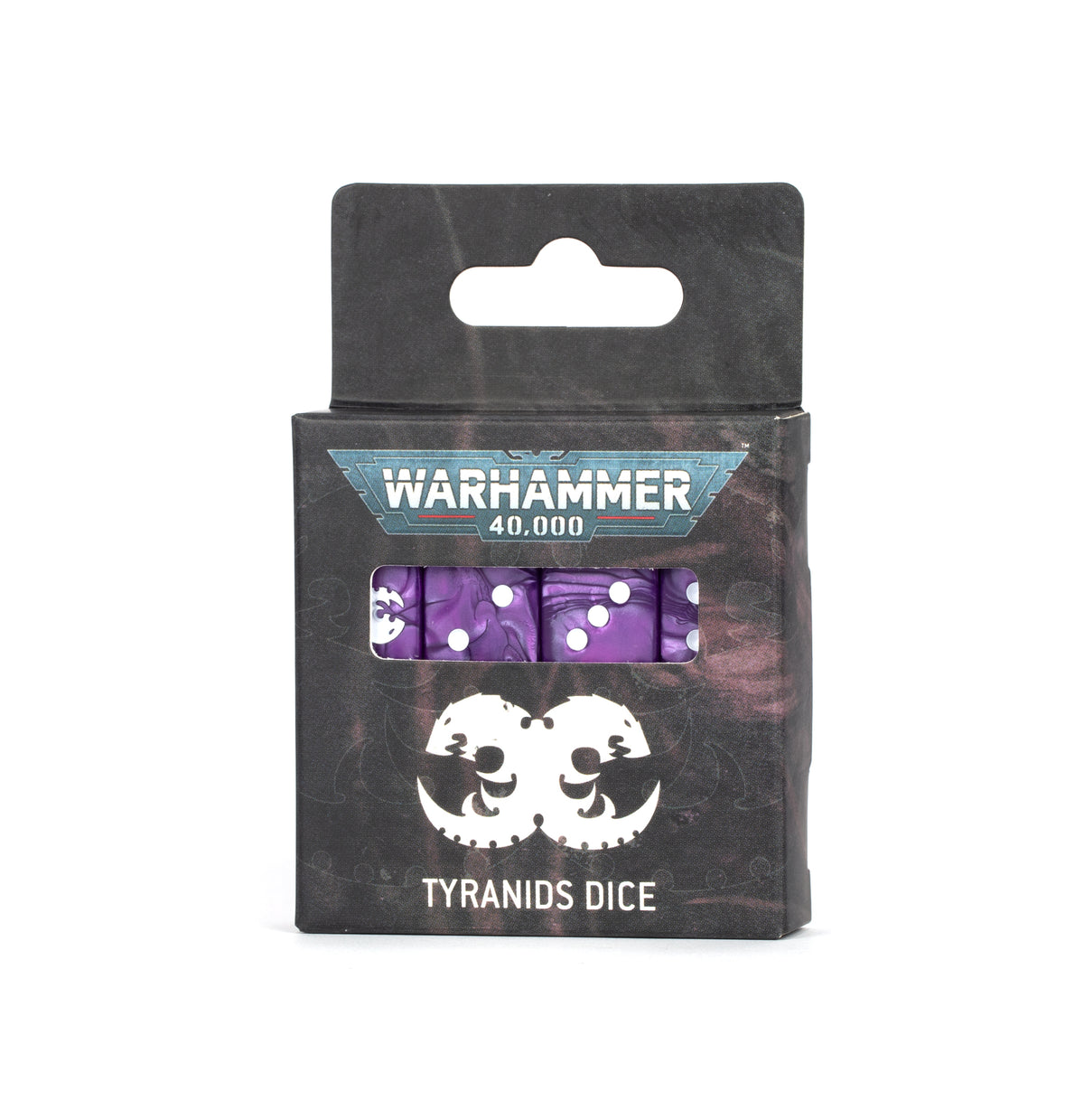 A black and charcoal Warhammer 40,000 Tyranids dice box stands upright, with purple swirled dice and white pips visible through a front window. The box displays the text “WARHAMMER 40,000” and “TYRANIDS DICE” above a large white Tyranid emblem.