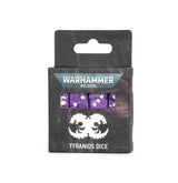 A black and charcoal Warhammer 40,000 Tyranids dice box stands upright, with purple swirled dice and white pips visible through a front window. The box displays the text “WARHAMMER 40,000” and “TYRANIDS DICE” above a large white Tyranid emblem.