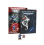 Two overlapping Warhammer 40,000 guide booklets stand behind two painted miniature figures. The front dark blue and black cover shows a close-up armored face and reads “GETTING STARTED WITH” and “WARHAMMER 40,000”; the red cover behind shows battle artwork and the text “YOUR FIRST MODELS.”