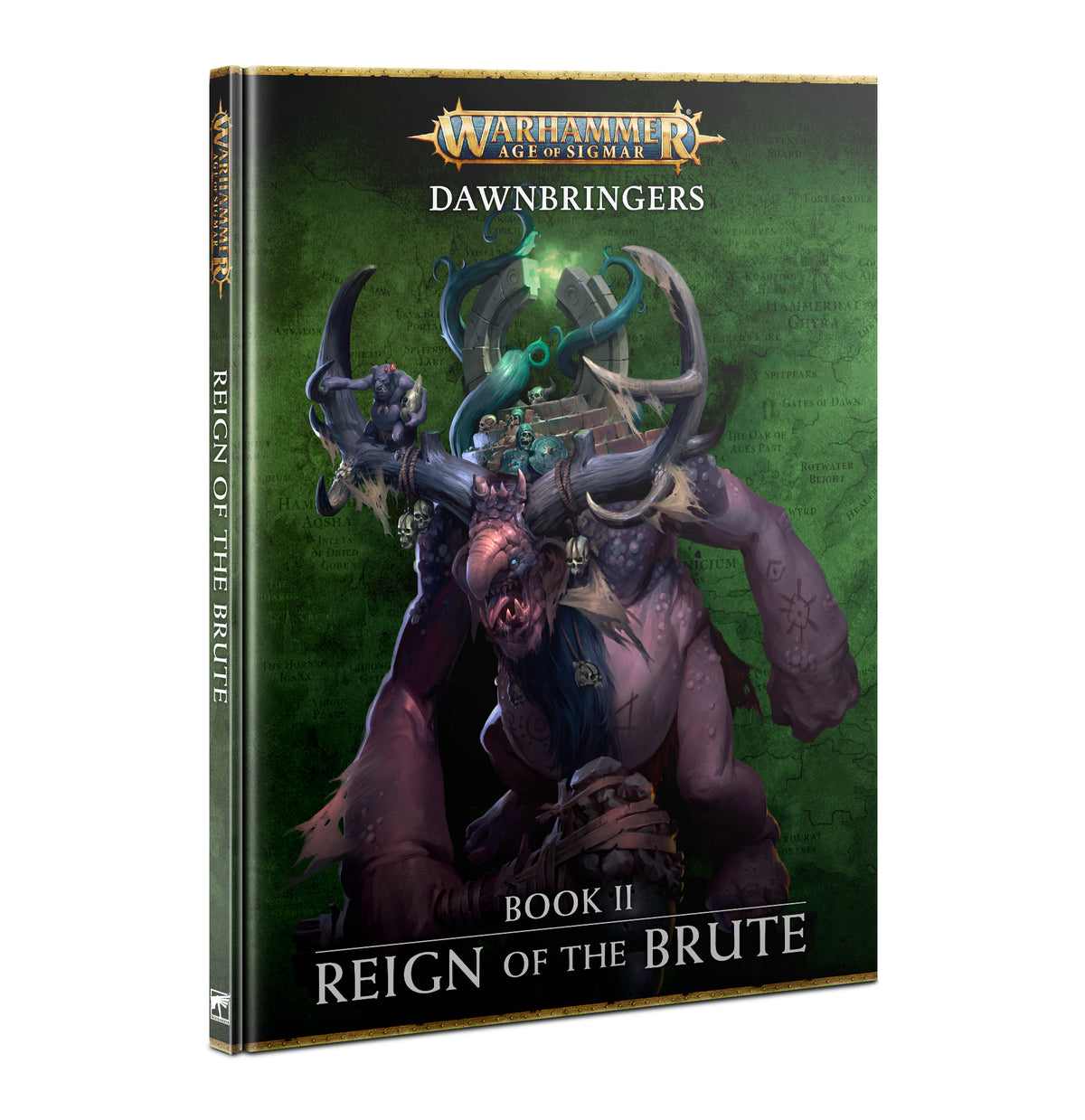 A hardcover fantasy book with a green cover shows a hulking purple giant carrying smaller figures, with curved horns and dark armor. The cover reads “WARHAMMER AGE OF SIGMAR,” “DAWNBRINGERS,” and “REIGN OF THE BRUTE”; the spine also reads “REIGN OF THE BRUTE.”