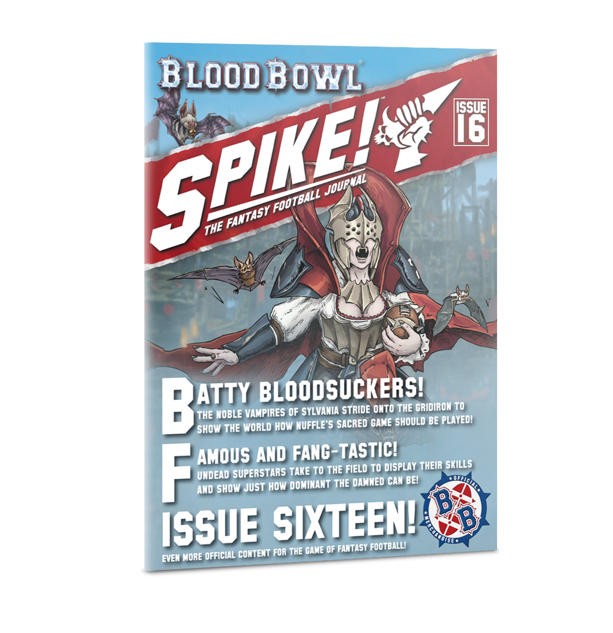 Front cover of a Blood Bowl journal, shown upright at a slight angle, with a pale vampire in dark armor and a red cape, surrounded by bats against a blue-gray background. Large lettering reads “BLOOD BOWL,” “SPIKE!” and “ISSUE 16.”