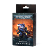 A dark teal and black hanging box for Space Marines datasheet cards, featuring a blue armored soldier with a rifle against an orange battlefield scene. The front reads “WARHAMMER 40,000,” “DATASHEET CARDS,” and “SPACE MARINES.”