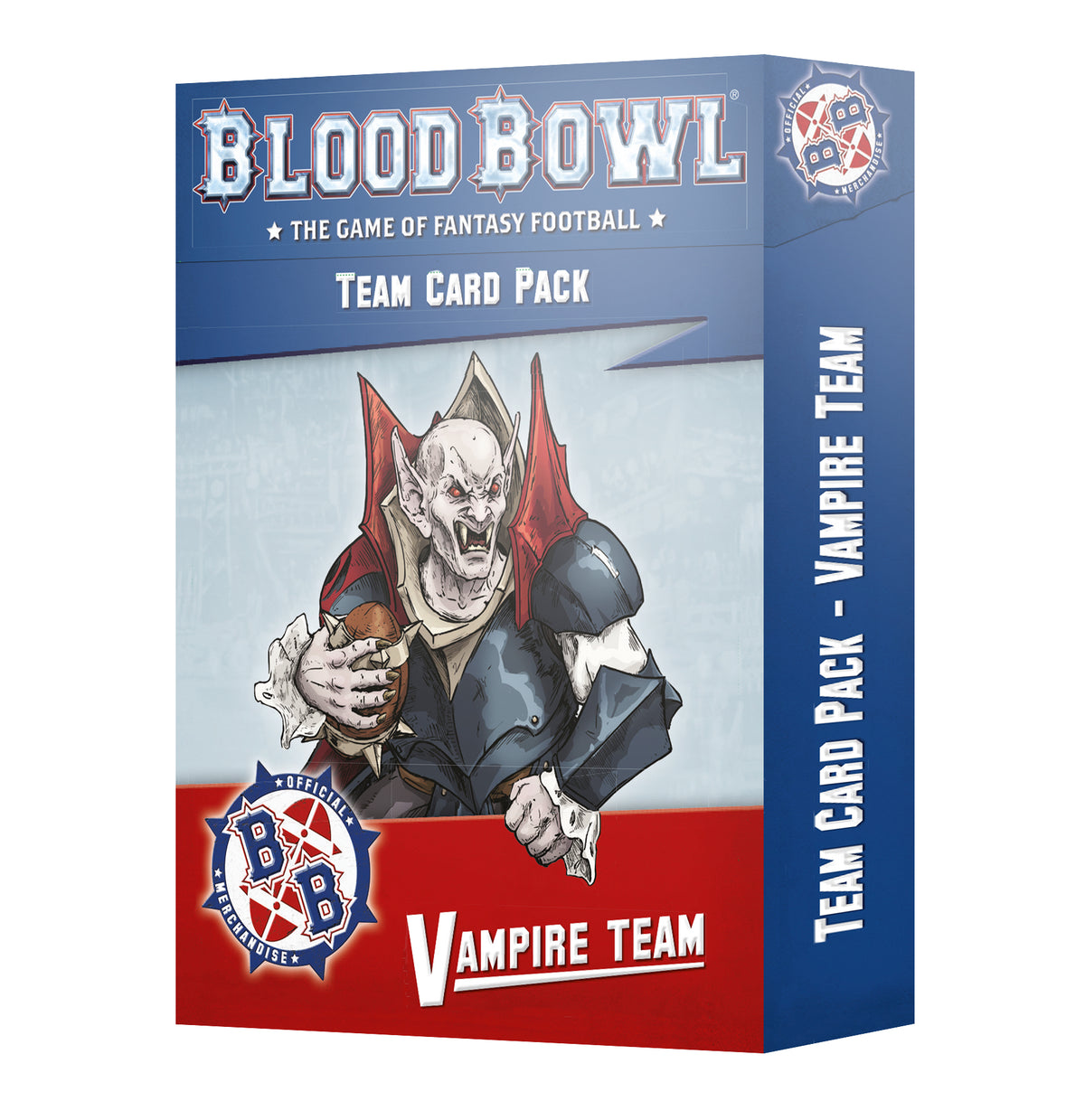 Blue-and-red Vampire Team card pack box shown at an angle, with a pale vampire in dark armor holding a football on the front. The front reads “BLOOD BOWL” and “VAMPIRE TEAM”; the blue side panel reads “TEAM CARD PACK - VAMPIRE TEAM.”
