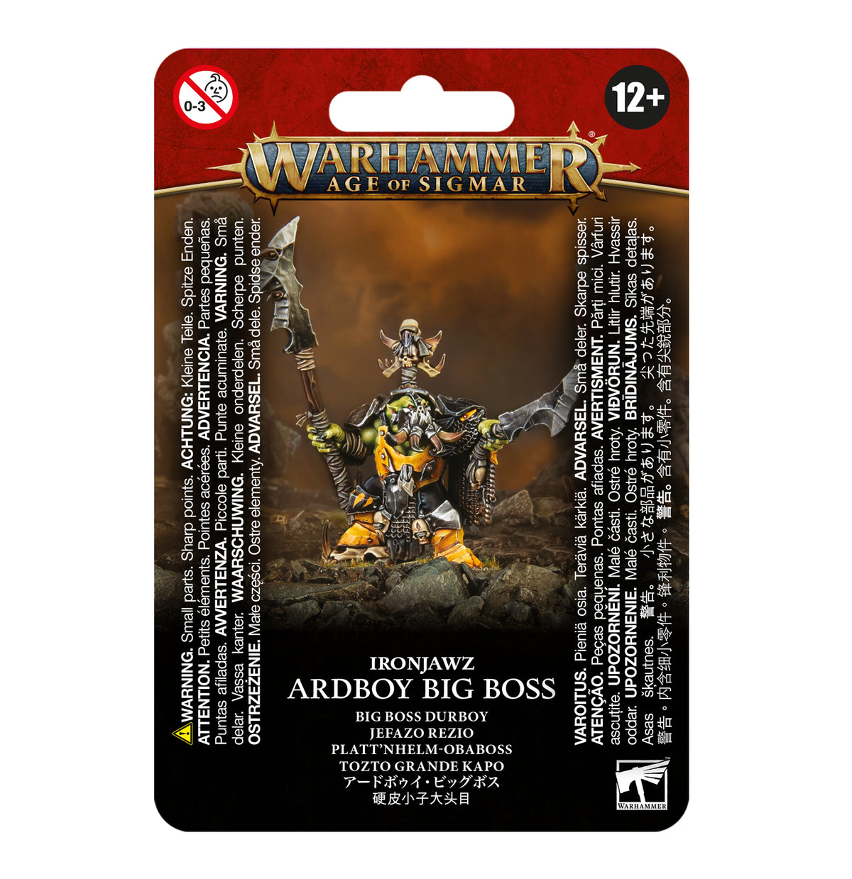 Red-and-black Warhammer Age of Sigmar package featuring an armored green orc warrior with orange accents, a large weapon and a small figure perched above him. The card reads “IRONJAWZ ARDBOY BIG BOSS” beneath the “WARHAMMER AGE OF SIGMAR” logo.