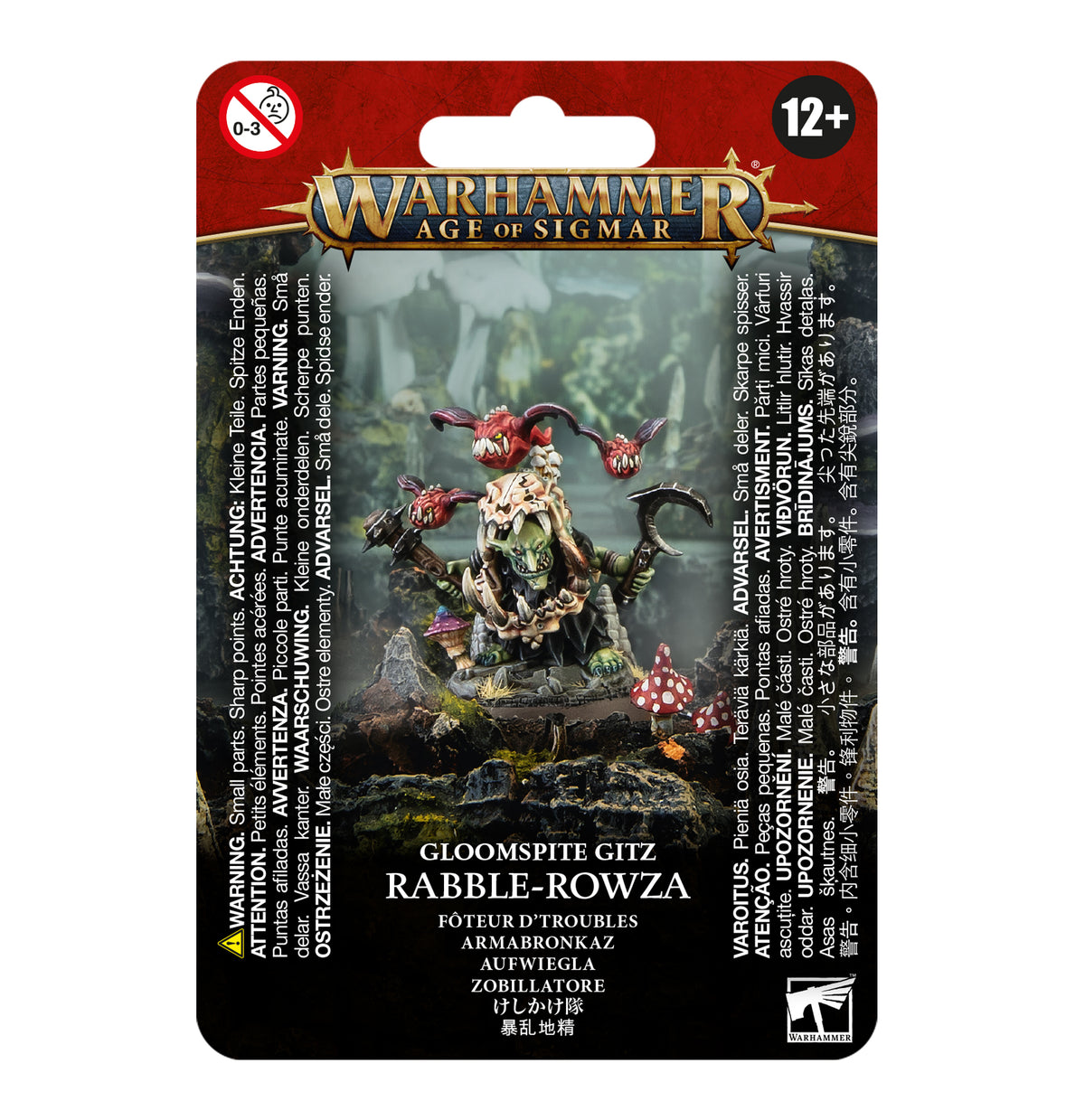 Packaged Gloomspite Gitz Rabble-Rowza miniature on a mossy scenic base, with a hunched goblin-like figure, horned red creature heads and red mushrooms with white spots. The red-and-black card reads “WARHAMMER AGE OF SIGMAR” and “GLOOMSPITE GITZ RABBLE-ROWZA.”
