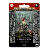 Packaged Gloomspite Gitz Rabble-Rowza miniature on a mossy scenic base, with a hunched goblin-like figure, horned red creature heads and red mushrooms with white spots. The red-and-black card reads “WARHAMMER AGE OF SIGMAR” and “GLOOMSPITE GITZ RABBLE-ROWZA.”