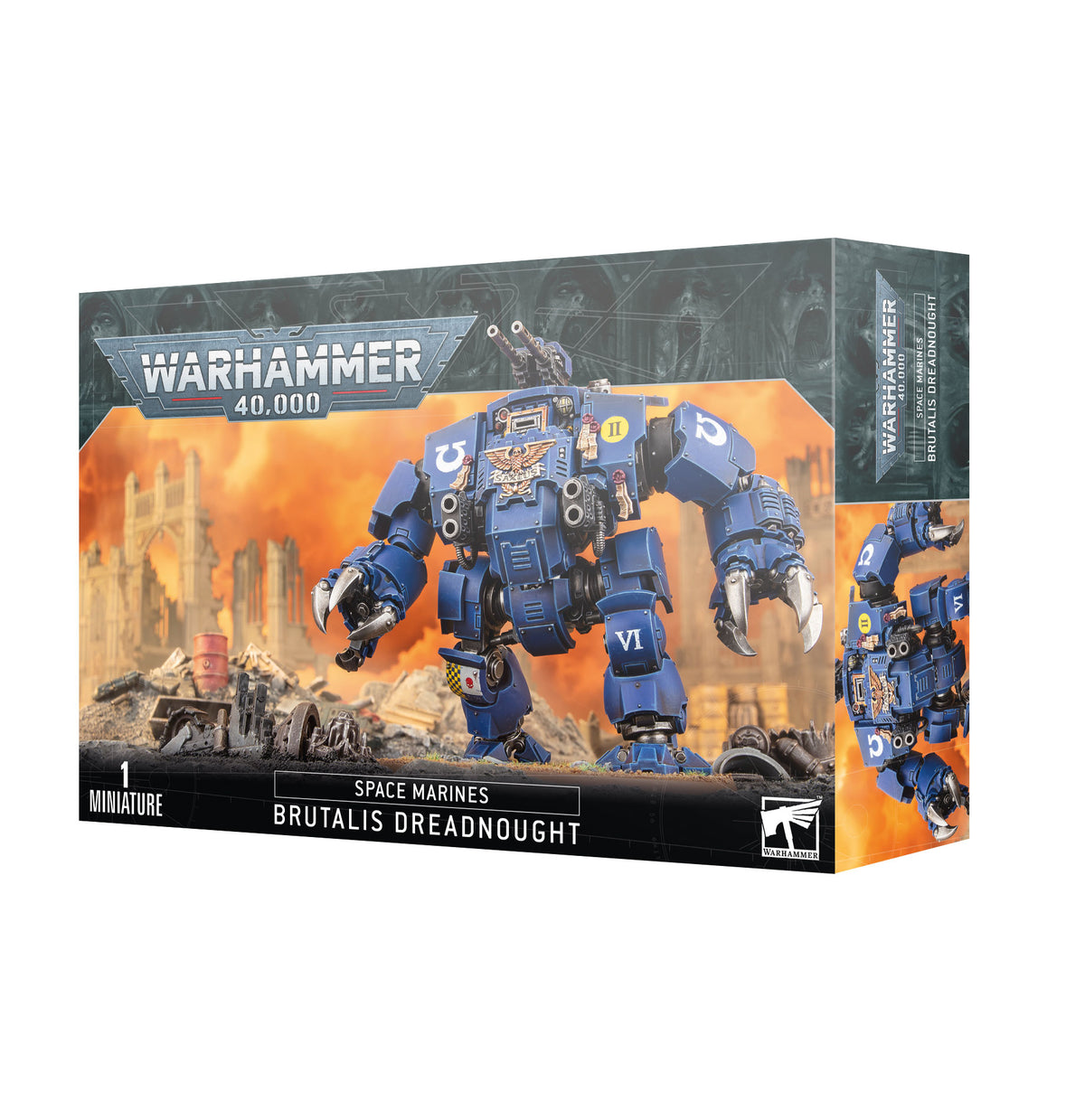 Box for a Space Marines: Brutalis Dreadnought miniature, showing a bulky blue armored mech with clawed arms against an orange, ruined battlefield. The front reads “WARHAMMER 40,000” and “BRUTALIS DREADNOUGHT”; a narrow side panel shows another view of the mech.
