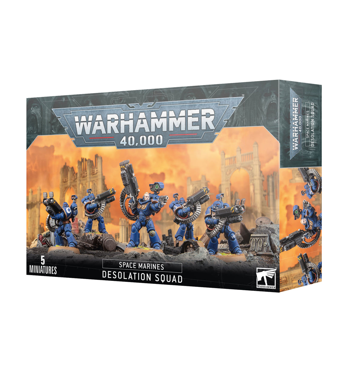 Box for a Space Marines: Desolation Squad miniature set, shown from the front and right side. The front depicts five blue-armored soldiers with large weapons against an orange ruined-city scene, with text reading “WARHAMMER 40,000” and “DESOLATION SQUAD.”