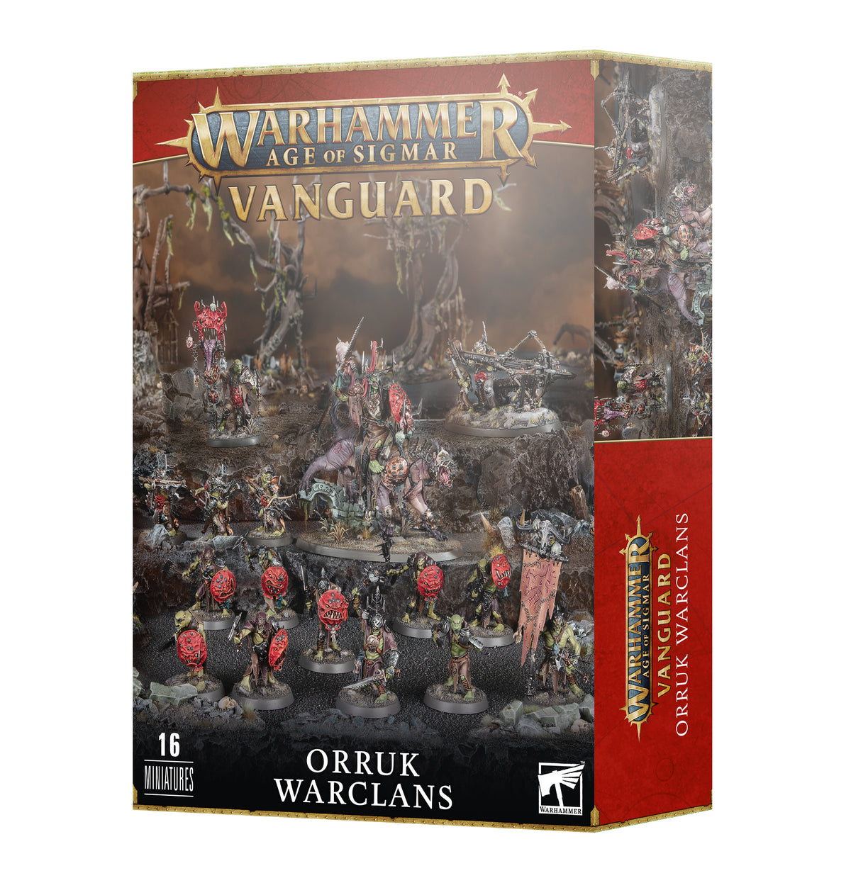 A Warhammer Age of Sigmar Vanguard: Orruk Warclans miniature box, shown from the front and right side. The front depicts a group of green-skinned fantasy warriors and beasts in a rocky swamp, with the text “WARHAMMER AGE OF SIGMAR,” “VANGUARD,” “ORRUK WARCLANS,” and “16 MINIATURES”; the red side panel has vertical product lettering.