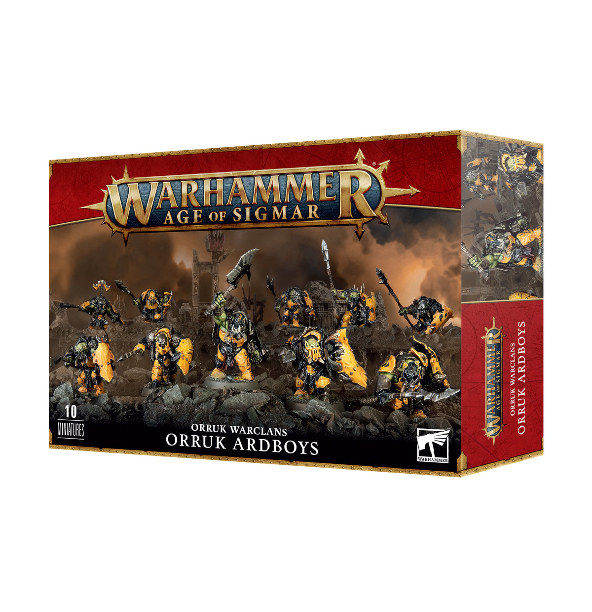 A red-and-black Warhammer box shown from the front and right side, with artwork of armored green orruks in yellow and dark armor wielding weapons on a rocky battlefield. The front reads “WARHAMMER AGE OF SIGMAR” and “ORRUK ARDBOYZ.”