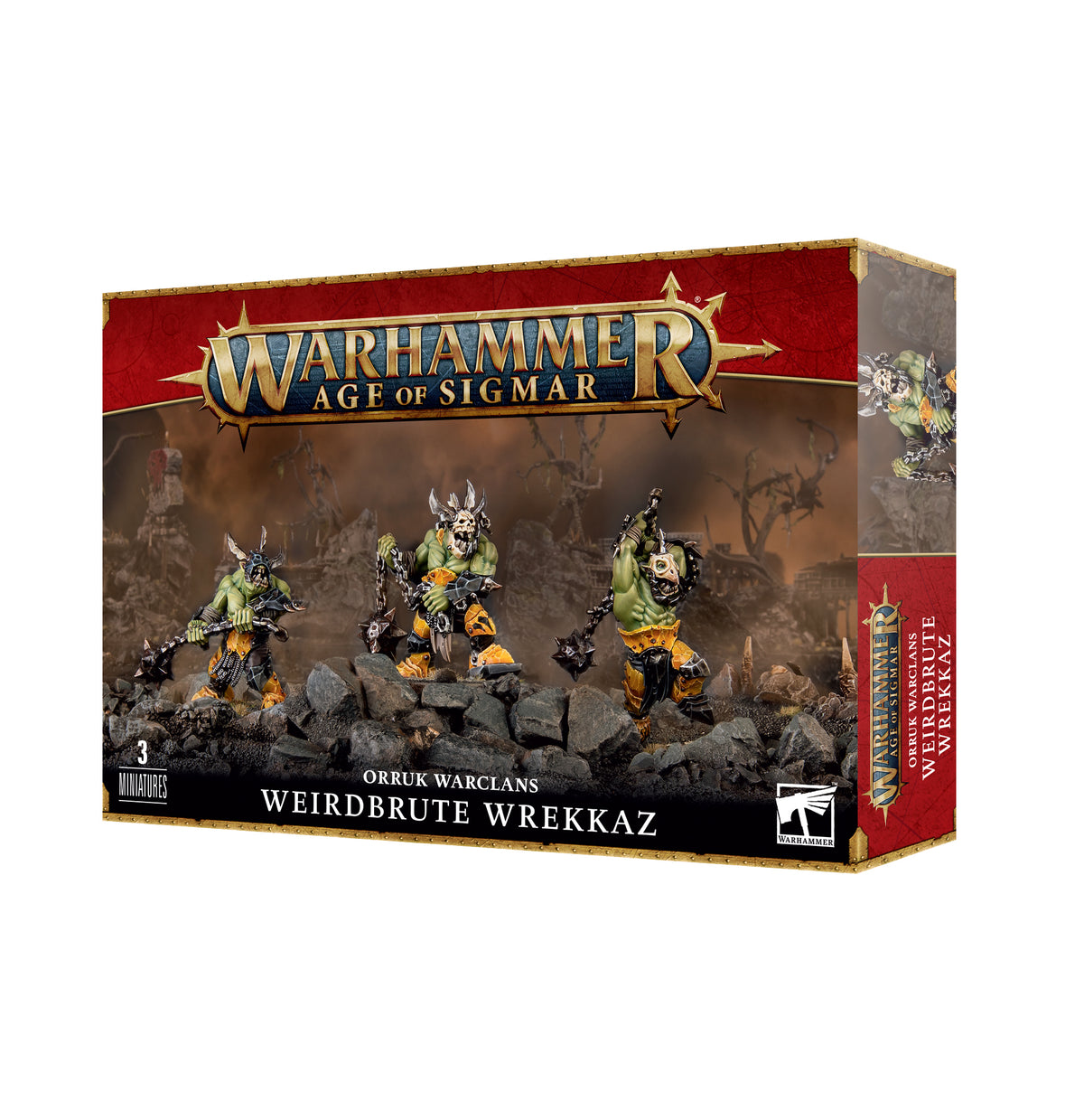 A red and black Warhammer box shows three green, tusked fantasy miniatures wielding large weapons among rocks on a battlefield. The front reads “WARHAMMER AGE OF SIGMAR” and “ORRUK WARCLANS WEIRDBRUTE WREKKAZ”; part of the illustrated side panel is also visible.