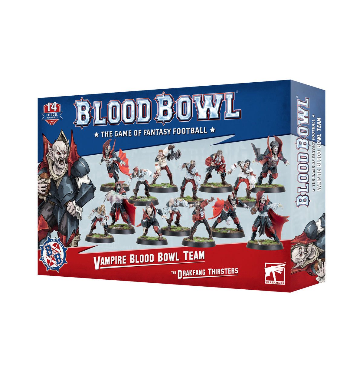 Blue and red Blood Bowl box shown from the front and right side, with artwork of vampire football players and a lineup of miniature figures. The front reads “BLOOD BOWL” and “VAMPIRE BLOOD BOWL TEAM.”