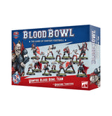 Blue and red Blood Bowl box shown from the front and right side, with artwork of vampire football players and a lineup of miniature figures. The front reads “BLOOD BOWL” and “VAMPIRE BLOOD BOWL TEAM.”