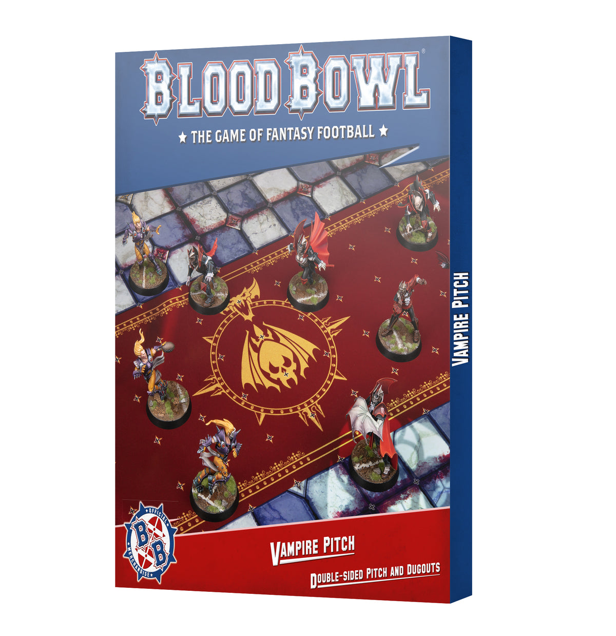 Front of a Blood Bowl Vampire Pitch box, with a red football pitch, gold central emblem, blue-gray stone borders and miniature vampire players on round bases. The box reads “BLOOD BOWL” and “VAMPIRE PITCH,” with the title repeated on its blue spine.
