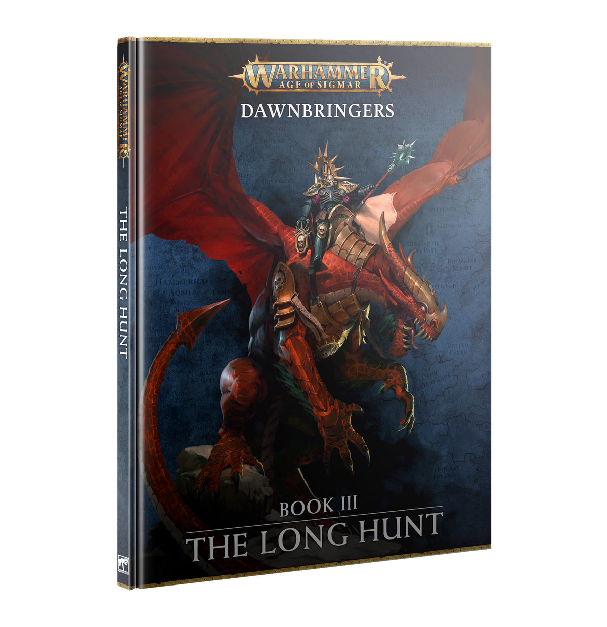 Upright hardcover book with a blue and deep red fantasy cover showing an armored figure riding a large red-brown beast. The cover reads “WARHAMMER AGE OF SIGMAR,” “DAWNBRINGERS,” and “BOOK III THE LONG HUNT”; the title also runs down the spine.