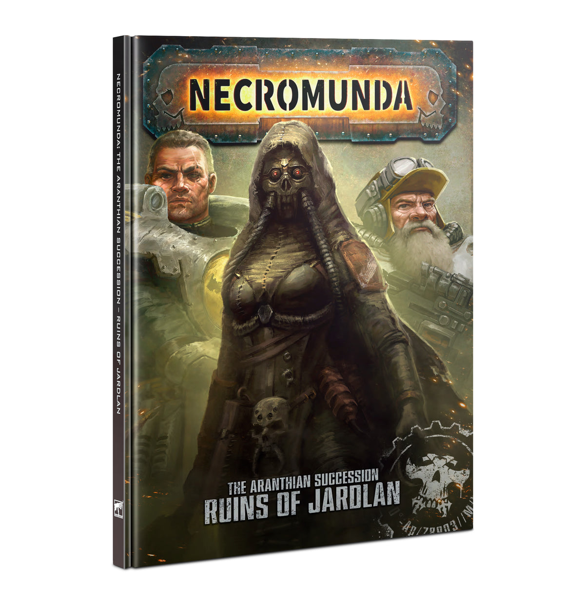 A single Necromunda rule book shown upright at a slight angle, with a dark sci-fi cover depicting a hooded woman between two men. The cover reads “NECROMUNDA” and “THE ARANTHIAN SUCCESSION: RUINS OF JARDLAN.”