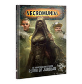 A single Necromunda rule book shown upright at a slight angle, with a dark sci-fi cover depicting a hooded woman between two men. The cover reads “NECROMUNDA” and “THE ARANTHIAN SUCCESSION: RUINS OF JARDLAN.”