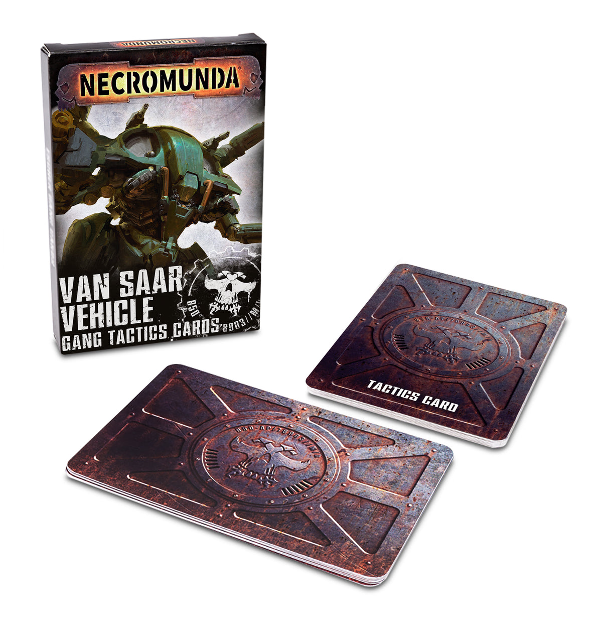 Necromunda Van Saar vehicle tactics cards shown with their illustrated box and two cards featuring weathered rust-red and blue geometric designs with a central emblem; one card reads “TACTICS CARD.” The box reads “NECROMUNDA” and “VAN SAAR VEHICLE GANG TACTICS CARDS.”