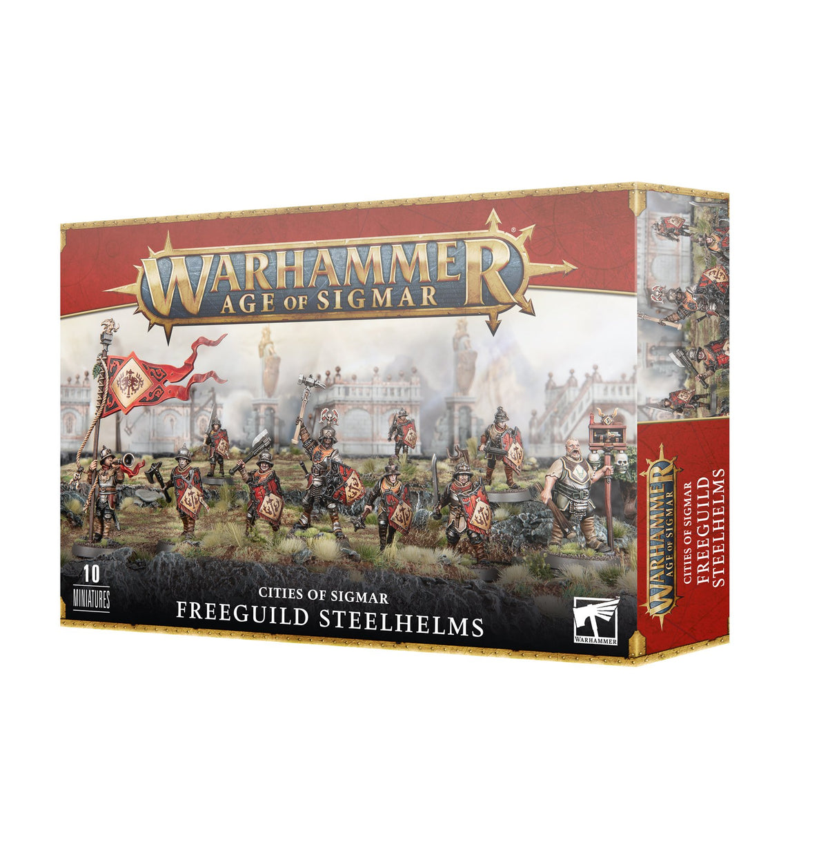Red, white and gold Warhammer Age of Sigmar box showing armored soldiers with shields and a red banner across the front, with a narrow illustrated side panel. The box reads “WARHAMMER AGE OF SIGMAR” and “CITIES OF SIGMAR FREEGUILD STEELHELMS.”