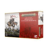 Red-and-gold box for a Freeguild Cavalier-Marshal miniature, showing an armored rider on horseback across rocky ground and a partial view of the artwork on the side. The front reads “WARHAMMER AGE OF SIGMAR” and “FREEGUILD CAVALIER-MARSHAL.”